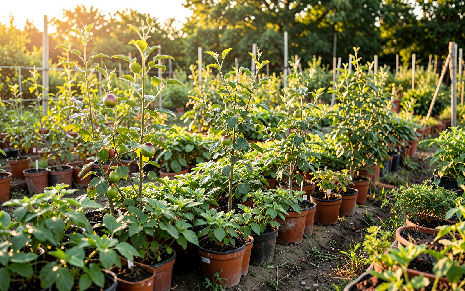 Rows of young fruit trees and potted decorative plants at Islam Nursery Farm